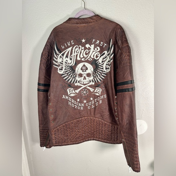 Affliction Faux Leather Brown Motorcycle Crossbones Acoustic Jacket 3XL NWT